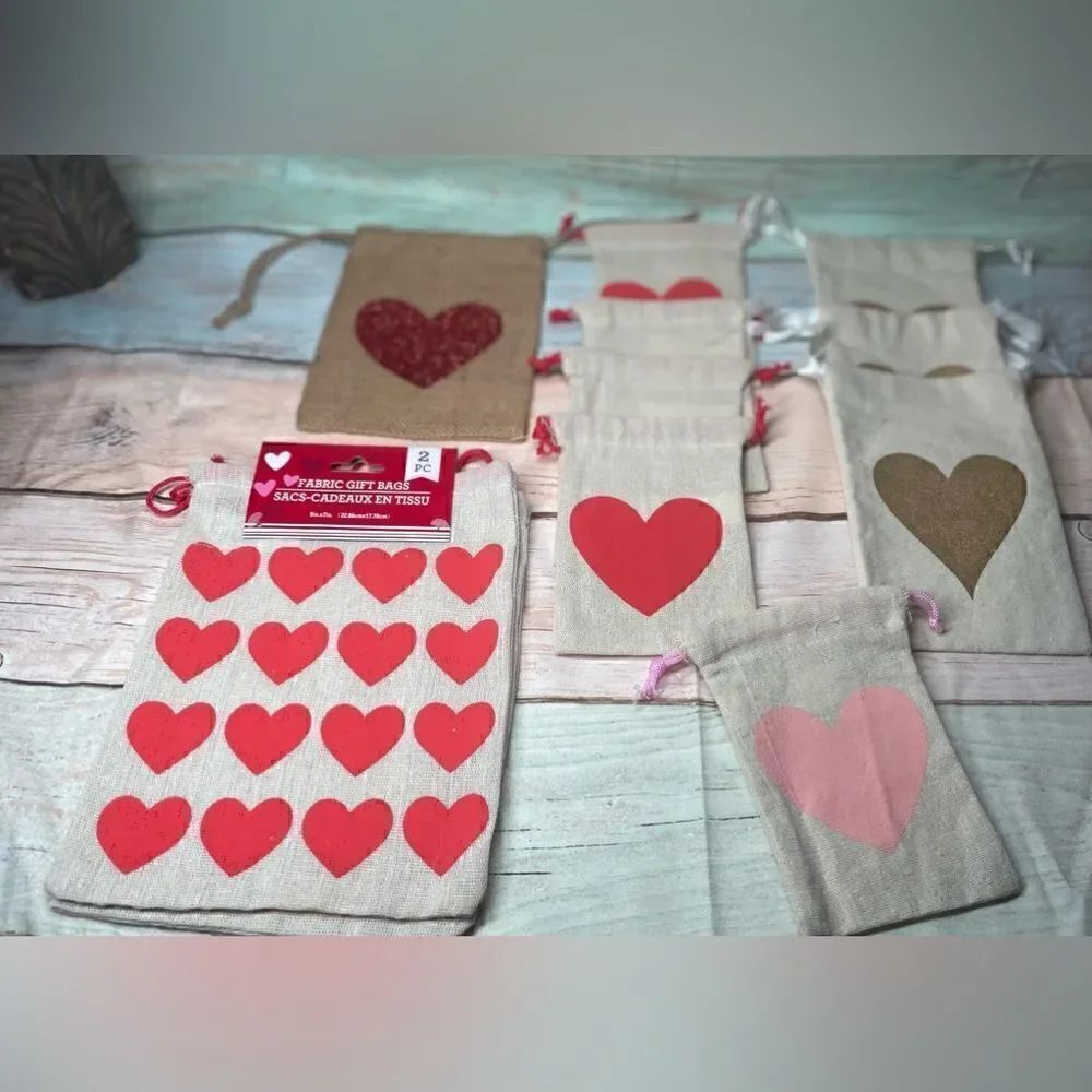 11 NEW Heart Gift Bags Drawstring Closures Various Styles & Sizes Bundle …